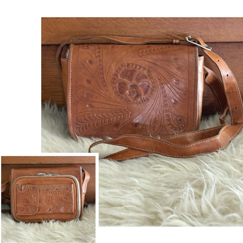 Embossed Light Brown Leather Organizer Crossbody Bag with Cell Phone Pocket